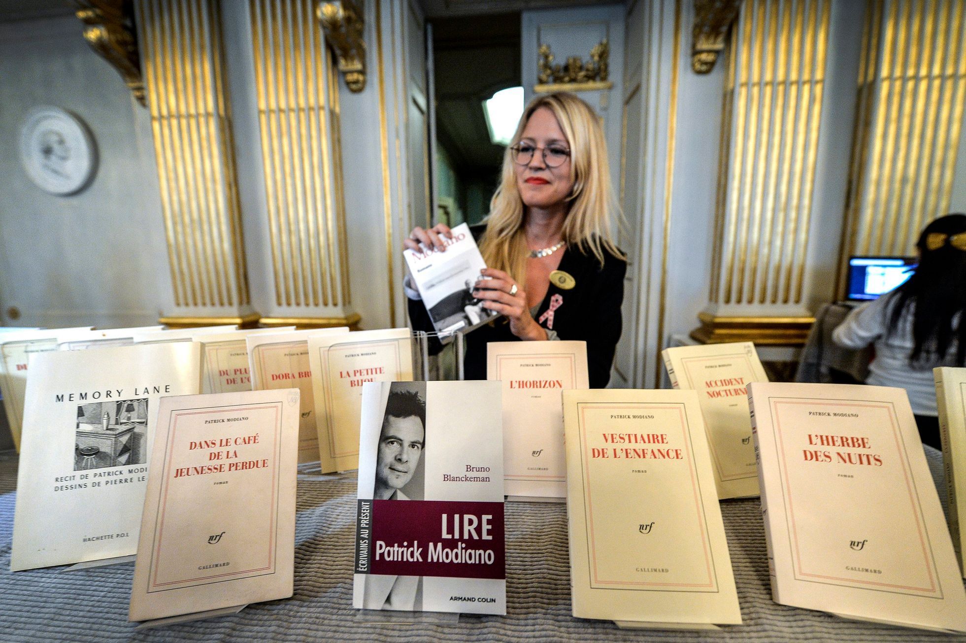 Books by French writer Patrick Modiano are displayed at the Royal Swedish Academy after he was declared the winner of the 2014 Nobel Prize for Literature in Stockholm