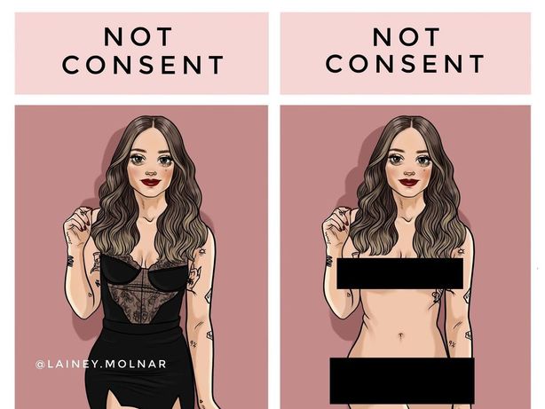 Laine Molnár pracuje s problematikou konsentu. Upozorňuje, že k sexuálnímu obtěžování a násilí dochází nehledě na to, kolik kůže žena ukazuje.