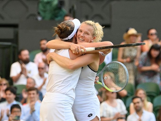 Tennis - Wimbledon - All England Lawn Tennis and Croquet Club, London, Britain - July 10, 2022  Czech Republic's Katerina Siniakova and Czech Republic's Barbora Krejcikov