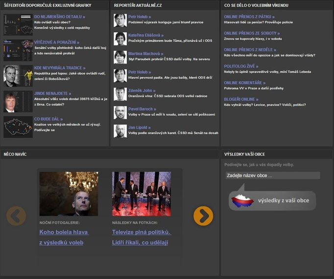 Volby ještě rychleji, ještě přesněji - Zatím posledním velkým počinem, který jsme pro vás připravili, bylo co nejpřehlednější a nejpřesnější zpracování volebních výsledků podzimních dvojitých voleb. Tedy senátních i komunálních, jejichž výsledky jste u nás mohli sledovat až na úroveň posledního zvoleného zastupitele za tu nejmenší obec. Speciál z toho nejlepšího, co jste u nás mohli o volbách najít, si prohlédněte zde .
