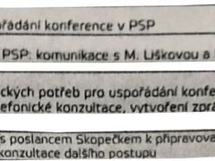 Výseky z dokumentů, v nich pořádání konfefernce poslance Jana Skopečka (ODS) vykazuje PR agentura Úvěrové firmy Home Credit