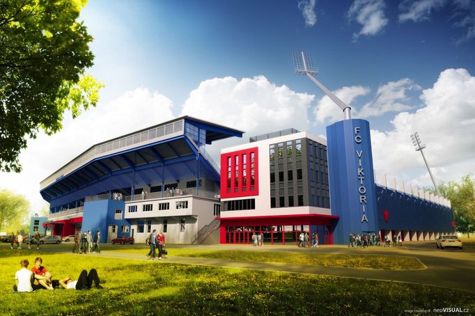 Vizualizace finálního stavu projektu přestavby stadionu, na kterém hrává fotbalový tým Viktoria Plzeň, včetně plánované dostavby dvou věží