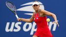 Aug 28, 2023; Flushing, NY, USA;   Rebeka Masarova of Spain hits a shot against Maria Sakkari of Greece on day one of the 2023 U.S. Open tennis tournament at the USTA Bil