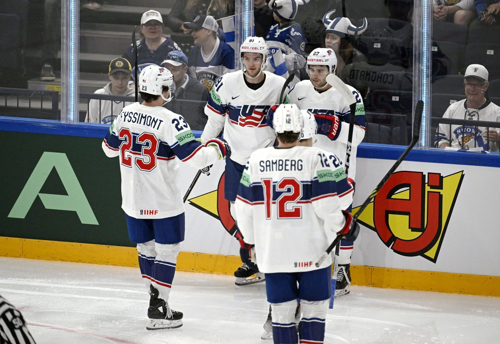 Americká radost v zápase Finsko - USA na MS 2023