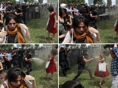 Kombinace snímků z 28. května. Pořádková policie zasahuje v parku v Istanbulu. Právě zde vypukly celonárodní protesty proti vládě