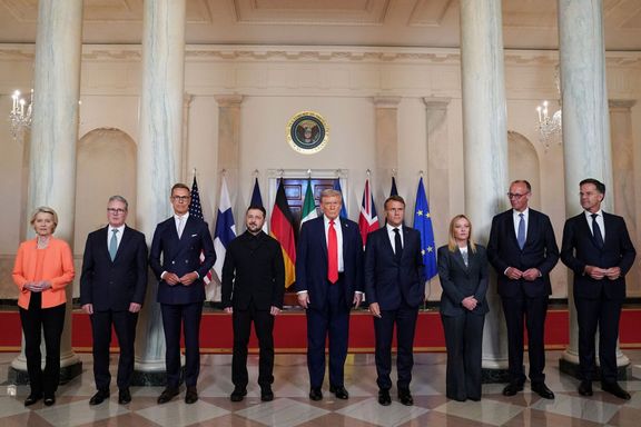 Donald Trump, Volodymyr Zelenskyj, Friedrich Merz, Emmanuel Macron, Keir Starmer, Giorgia Meloniová, Alexander Stubb, Mark Rutte a Ursula von der Leyenová, 18. srpna 2025