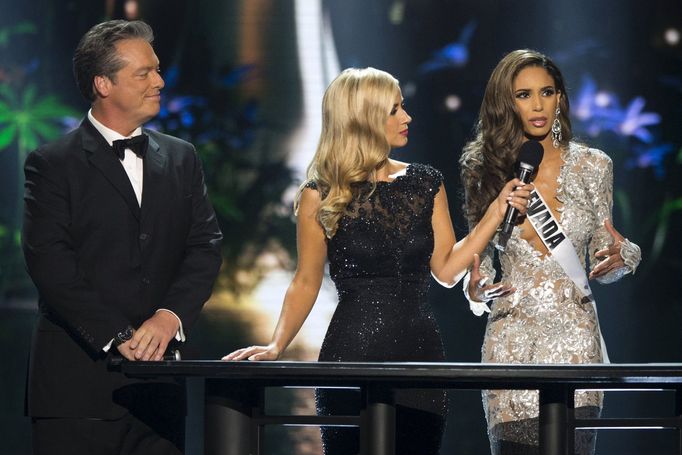 Miss Nevada USA Brittany McGowan answers a question during the 2015 Miss USA beauty pageant in Baton Rouge