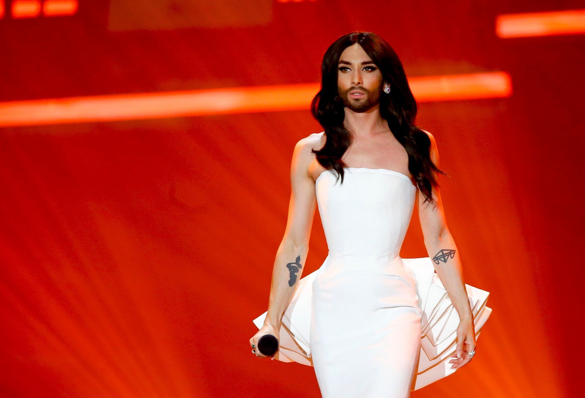 Last year's winner Conchita Wurst of Austria performs during the first semifinal of the upcoming 60th annual Eurovision Song Contest In Vienna
