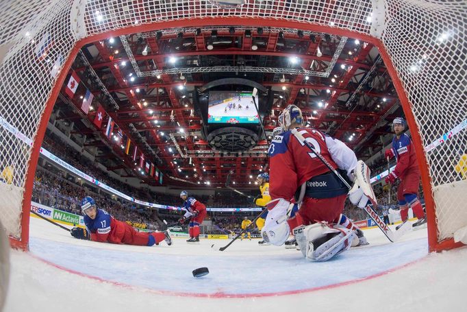 Goaltender Alexander Salak of the Czech Republic (R) and team mate Vladimir Sobotka (L) react after a goal during the men's ice hockey World Championship Group A game aga