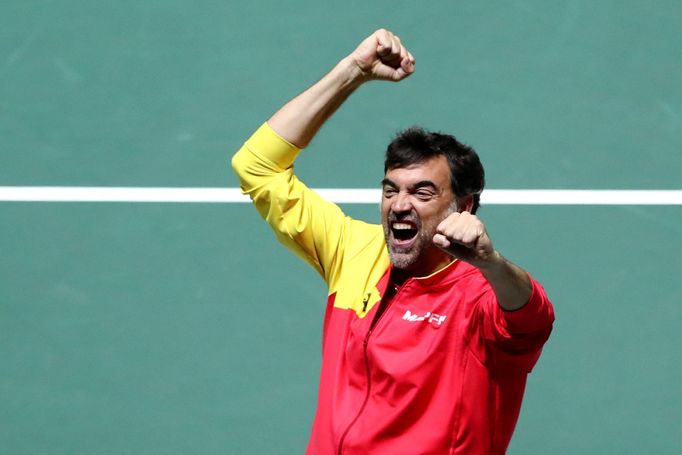 Tennis - Davis Cup Finals - Semi-Final - Caja Magica, Madrid, Spain - November 24, 2019   Spain captain Sergi Bruguera celebrates after Rafael Nadal and Feliciano Lopez w