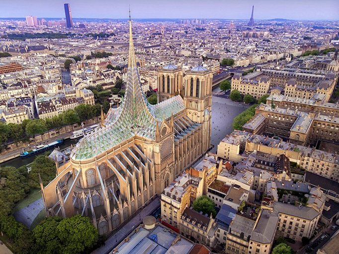 Architekti Vincent Callebaut navrhli pro Notre-Dame gotickou střechu ze skla s rozmanitou vegetací uvnitř katedrály.
