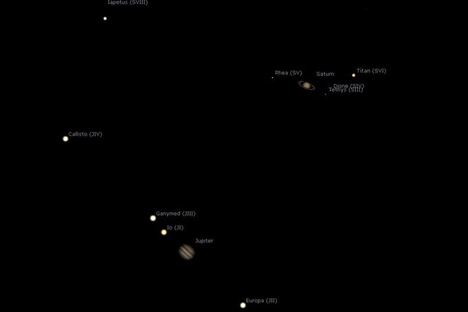 Teleskopický detail na mimořádnou konjunkci Jupiteru a Saturnu 21. prosince 2020.