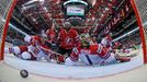 Goaltender Jakub Kovar of the Czech Republic (R) reacts after a goal of Canada during their men's ice hockey World Championship group A game against Canada at Chizhovka A