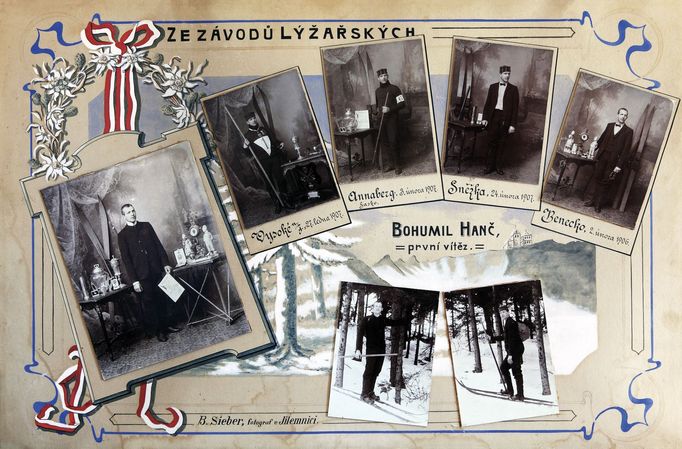 Bohumil Hanč (19. listopadu 1886 Benecko – 24. března 1913 Bedřichov). Tablo k vítězným závodům z roku 1907, později doplněné dvěma fotografiemi.