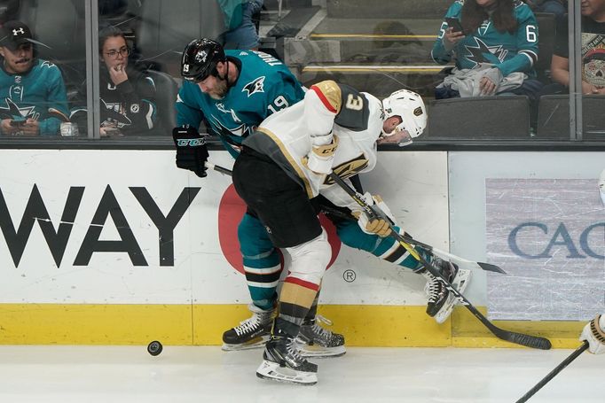 Mar 18, 2019; San Jose, CA, USA; Vegas Golden Knights defenseman Brayden McNabb (3) collides with San Jose Sharks center Joe Thornton (19) during the second period at SAP