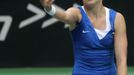 Lucie Šafářová v utkání se Samanthou Stosurovou ve čtvrtfinále Fed Cupu 2013 proti Austrálii