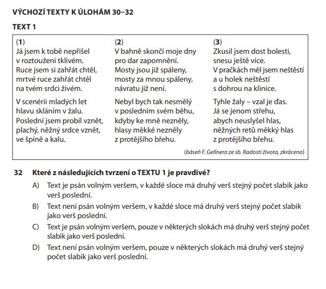 Správnou odpovědí byla v otázce 32 možnost B. Ani poezie nebyla ke studentům o mnoho smířlivější a správně na tuto otázku odpovědělo jen 25,9 procenta maturantů. | Foto: Cermat