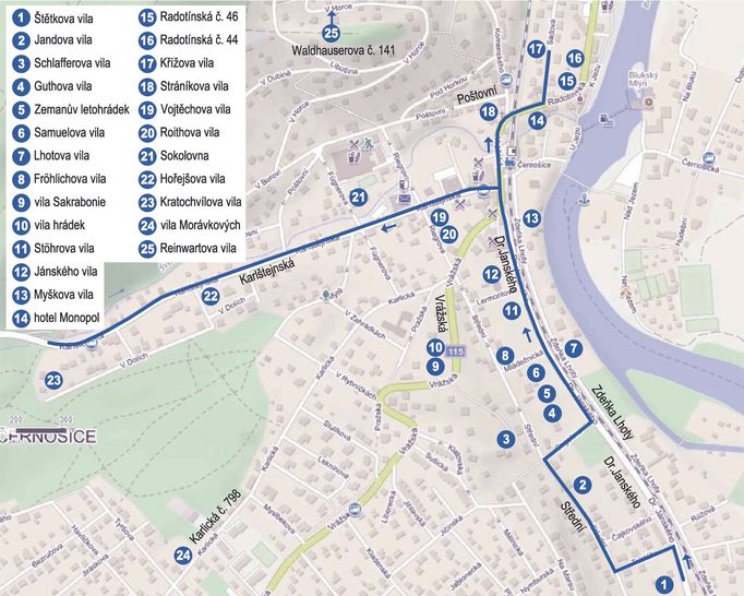 Trasa po černošické villegiatuře měří 2,9 kilometru.