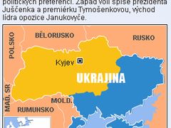 Tato mapa znázorňuje, kde v prezidentských volbách v roce 2010 zvítězila Julija Tymošenková (žlutá) a kde Viktor Janukovyč (modrá).