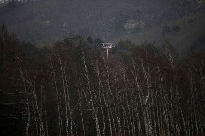 A ski lift tower is seen at the abandoned Alps Ski Resort