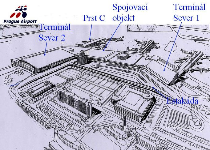 Skica areálu letiště. Nový terminál Sever 2 je v levém horním roku, příjezd na letiště od Prahy v pravém dolním.