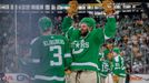 Jan 1, 2020; Dallas, Texas, USA; Dallas Stars defenseman John Klingberg (3) and Stars right wing Alexander Radulov (47) celebrate the win over the Nashville Predators the