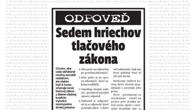 Slovenský tisk ve čtvrtek protestoval. Bulvár i seriózní noviny
