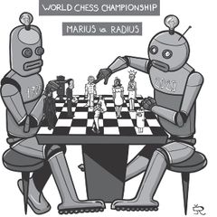 Kasparov posun na D6, Čapek přesun na H5. Ilustrace Štěpána Růta použitá v knize Robot 100 – Sto rozumů.