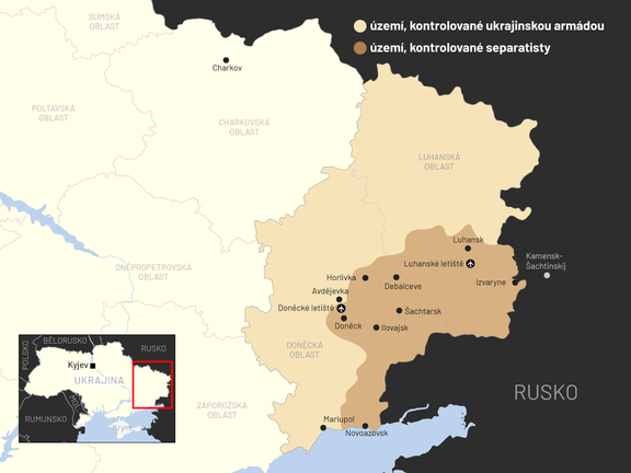 Mapa Donbasu. Vladimir Putin uvedl, že Rusko uznává nezávislost regionu zahrnující celou Doněckou a Luhanskou oblast. Velkou část přitom kontroluje Ukrajina.
