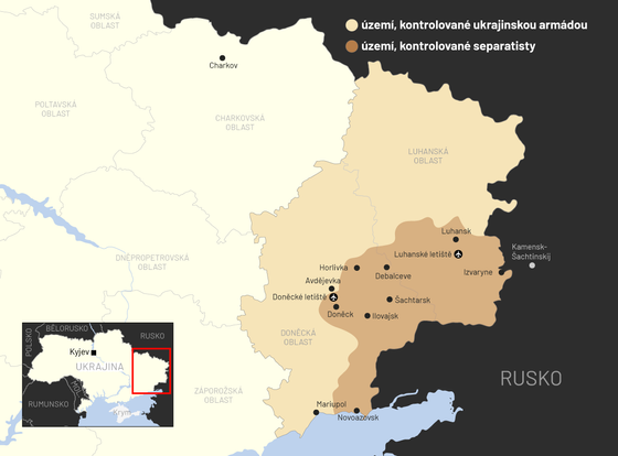 Doněcká a Luhanská lidová republika na mapě Ukrajiny.