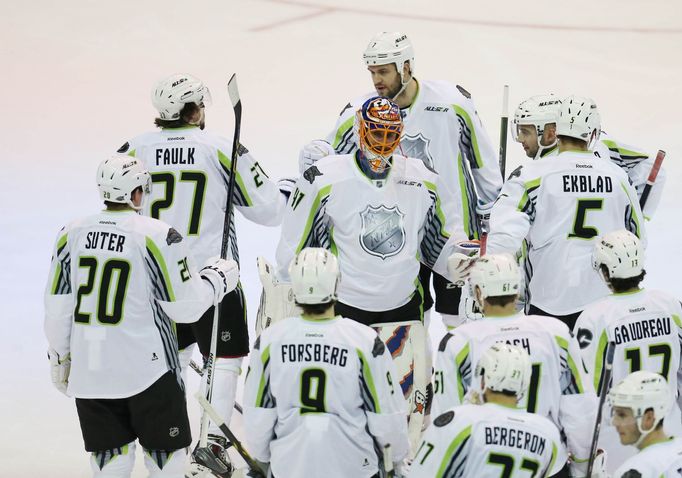 Jan 25, 2015; Columbus, OH, USA; Team Toews goaltender Jaroslav Halak (41) of the New York Islanders is congratulated by teammates after the 2015 NHL All Star Game at Nat