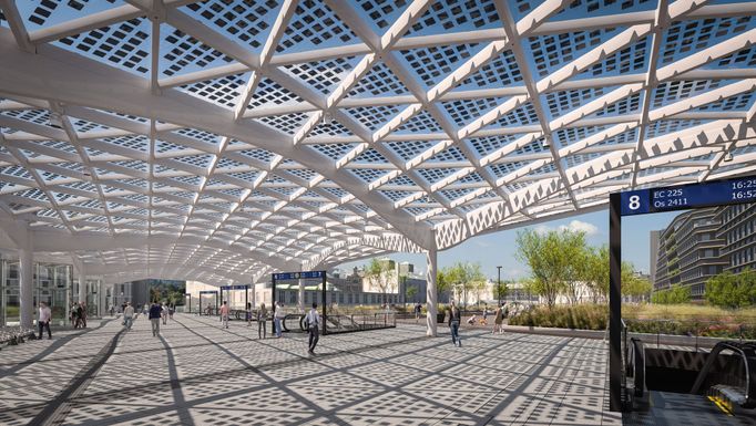 Vizualizace budované platformy, která vzniká nad kolejemi Masarykova nádraží a celou oblast propojí.