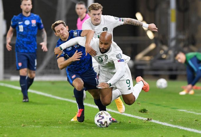 David McGoldrick and James McClean in action with Slovakia’s Patrik Hrosovsky