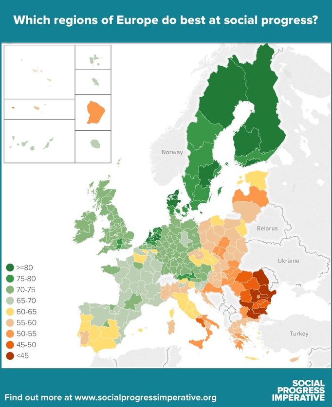 Index sociálního rozvoje (čím zelenější, tím lepší)