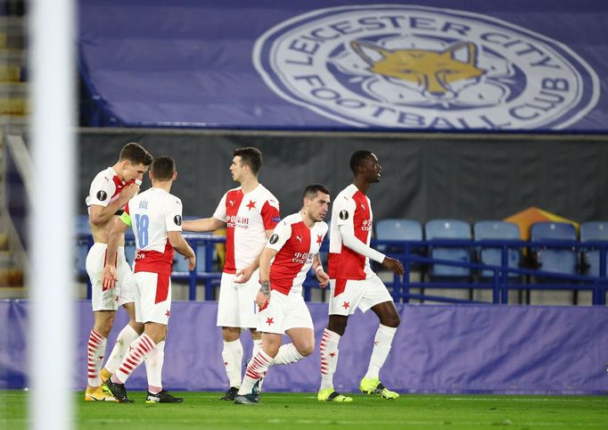 Slávisté slaví gól v odvetě  2. kola  Evropské ligy Leicester  - Slavia