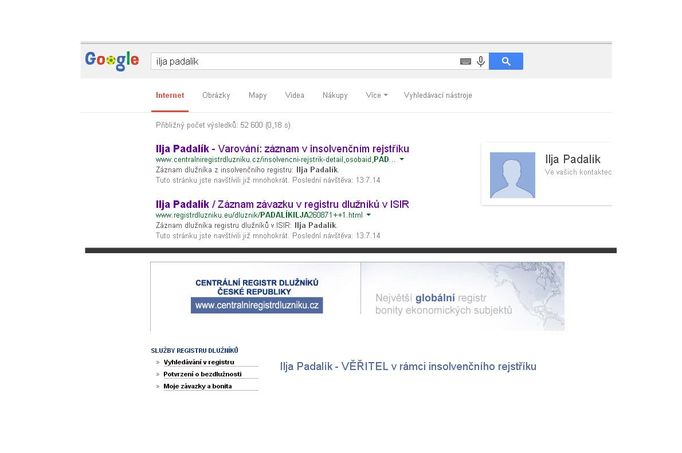 V horní části obrázku je to, co ukazoval vyhledávač Google po zadání jména Ilja Padalík. V dolní části je podoba skutečné stránky, na kterou vyhledávač odkazoval.