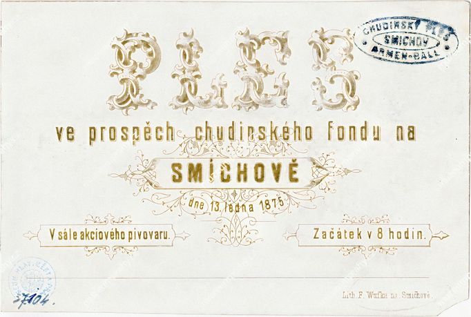 Pozvánka na ples ve prospěch chudinského fondu na Smíchově. 13. ledna 1875