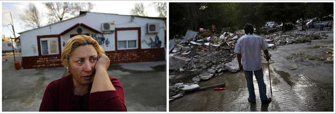 A combination photo shows Milagros Echevarria (L) crying outside her house in Madrid's Spanish gypsy settlement of Puerta de Hierro, January 20, 2012 and her husband Antonio Gabarri (R) looking at the remains of their home hours after it was demolished July 17, 2012. Fifty-four families have been living in Puerta de Hierro, on the banks of the Manzanares river for over 50 years. Since the summer of 2010, the community has been subject to evictions on the grounds that the dwellings are illegal. Families whose houses have been demolished, move in with relatives whose houses still remain while the debris keeps piling up around them as more demolitions take place. REUTERS/Susana Vera (SPAIN - Tags: SOCIETY) ATTENTION EDITORS - PICTURE 1 OF 31 FOR PACKAGE 'GYPSY SITE DEMOLISHED' SEARCH 'GYPSY SITE' FOR ALL IMAGES Published: Lis. 5, 2012, 4:10 odp.