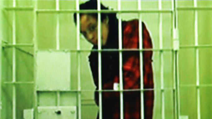 Brittney Grinerová na obrazovce při projednávání odvolání, jehož se zúčastnila prostřednictvím videohovoru z vězení v Krasnogorsku