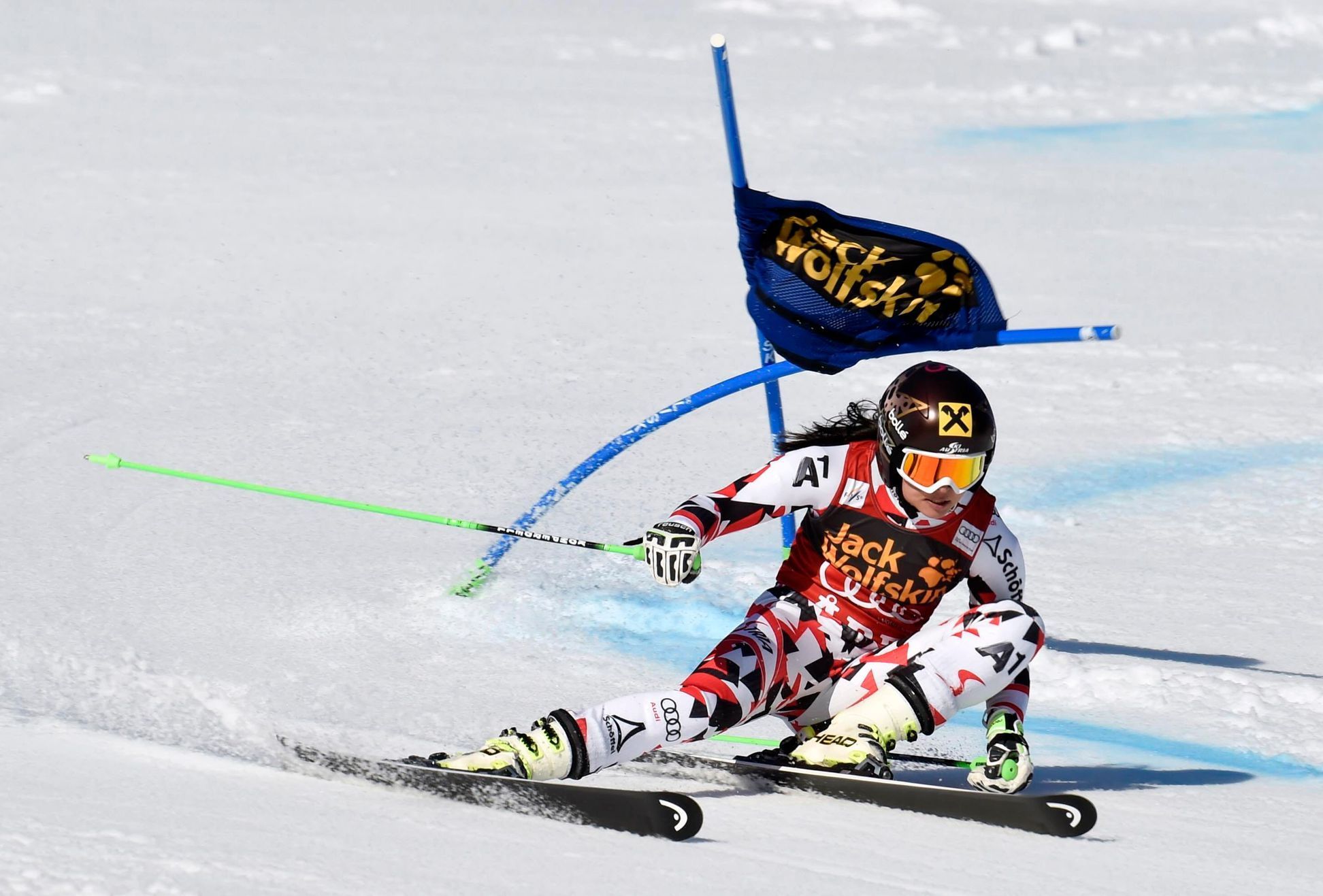 Anna Fenninger of Austria skis during the first run of women's giant slalom event at the Alpine Skiing World Cup in Are