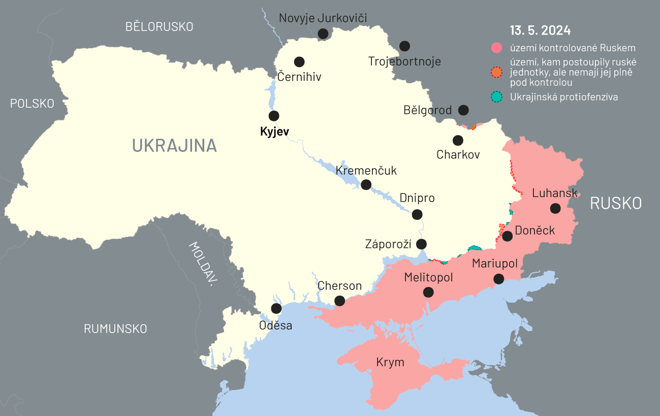 13. května 2024: Mapa bojů na Ukrajině + Charkov