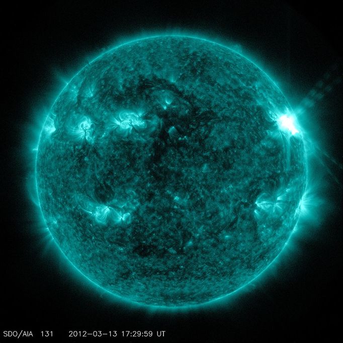 M7.9 Class Solar Flare on March 13, 2012 NASA's Solar Dynamics Observatory (SDO) captured this image of an M7.9 class flare on March 13, 2012 at 1:29 p.m. EDT. It is shown here in the 131 Angstrom wavelength, a wavelength particularly good for seeing solar flares and a wavelength that is typically colorized in teal. Credit: NASA/SDO