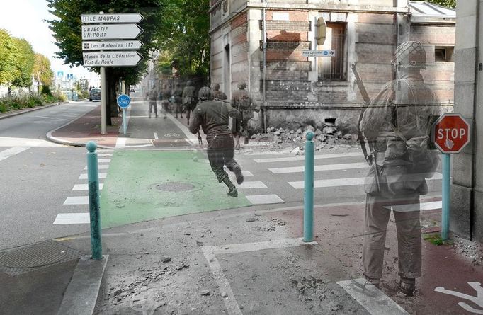 Ghosts of war - France; The other side Cherbourg, avenue de Paris, ancien Poste de Police, jardin Public. Keep updated when I make more photos like these by liking my page on facebook; www.facebook.com/thenandnowghostsofhistory Thanks (Merci) to Claude who took the modern day photo, and Michel Le Querrec who has an amazing collection of WW2 photos on flickr; www.flickr.com/photos/mlq/