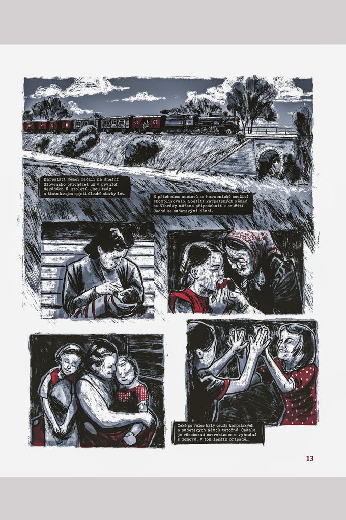 Ukázka z komiksu Temné obilí (2025) autorů Martina Šinkovského a Petra Nováka (TICHO762), který zpracovává masakr na Švédských šancích z června 1945.