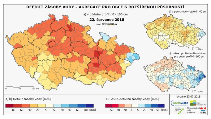 Mapa portálu Intersucho ukazuje na nejsušší oblasti České republiky. Zasahuje zejména střední a východní Čechy a jižní Moravu.