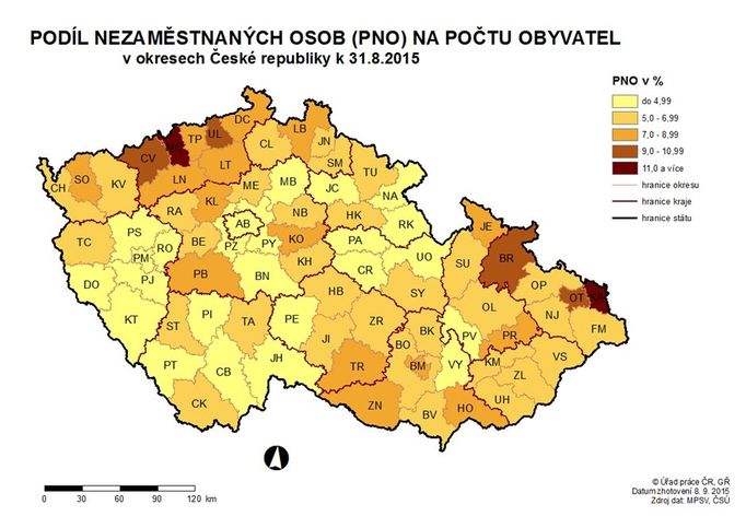 Podíl nezaměstnaných podle regionů v srpnu 2015