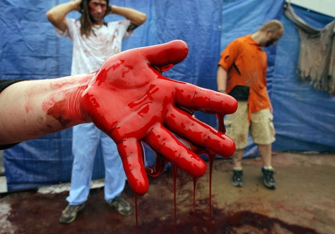 Fake blood drips off the hands of a worker creating the look of zombies at the "Run for Your Lives" 5K obstacle course race in Amesbury, Massachusetts May 5, 2012. Runners face man-made and natural obstacles on the course, while being chased by zombies, who try to take "health" flags off the runners belts. REUTERS/Brian Snyder (UNITED STATES - Tags: SOCIETY) Published: Kvě. 5, 2012, 11:25 odp.