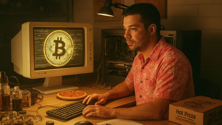 Historie bitcoinu: Od nákupu pizzy za 22 miliard korun po digitální zlato 21. století; Zdroj foto: Aktuálně.cz / Umělá inteligence / AI / Dall E3