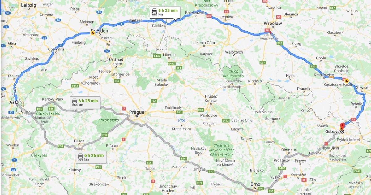 Mapa porovnání tras cesty z Aše do Ostravy.
