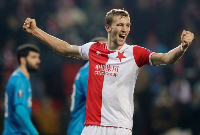 fotbal, Evropská liga 2018/2019, Slavia Praha - Zenit Petrohrad, Tomáš Souček se raduje z postupu